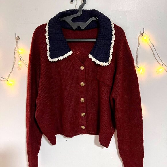 Vintage Burgundy Knit Cardigan Sweater - Picture 1 of 4